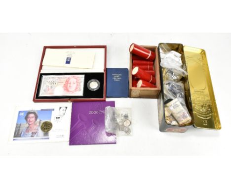 A collection of British mixed denomination coinage including cased 1994 £50 note serial number A01 003138 and a silver proof 