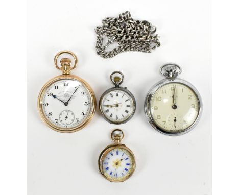 A 9ct yellow gold fob watch (af), a gold plated open face pocket watch, a small silver fob watch, a stop watch and a chain (b