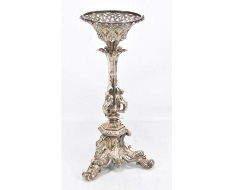 A Victorian silver plated centrepiece with pierced spreading supports above nymphs on three outswept cast foliate feet, heigh