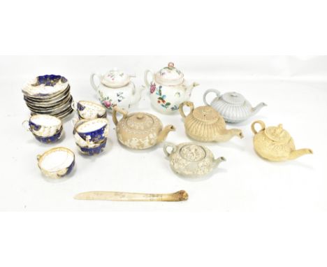 A collection of 18th century and later porcelain including two hand painted teapots of bulbous form, each painted with floral