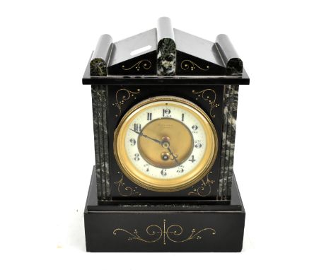 A late 19th/early 20th century French brass mantel clock, the circular enamel dial set with Arabic numerals, height 22cm.Addi