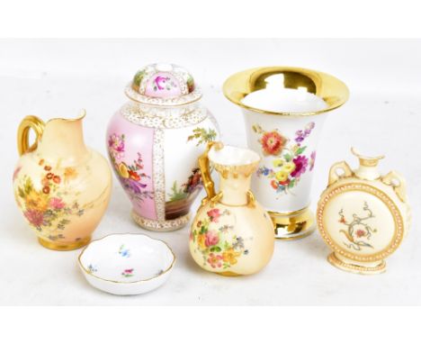 ROYAL WORCESTER; three pieces of blush ivory including moon flask, height 11.5cm (af), two jugs, each with hand painted flora