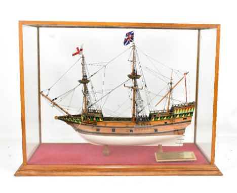 A scratch built model of The Mayflower, circa 1600-1620 by Brian Hinchcliffe, stated scale 1/6"-1', with plaque, presented in