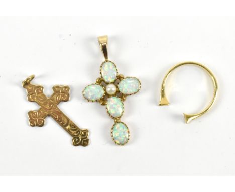 An 18ct yellow gold ring, cut, approx 1.8g, a 9ct yellow gold cross pendant, approx 1.1g, and a 9ct opal and pearl set cross 