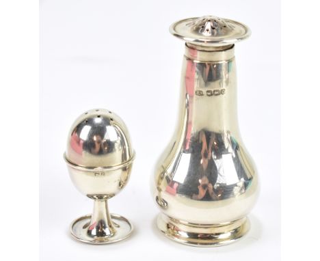 ATKIN BROS; a George VI hallmarked silver pepperette of baluster form, Sheffield 1945, height 8.8cm, and a miniature novelty 