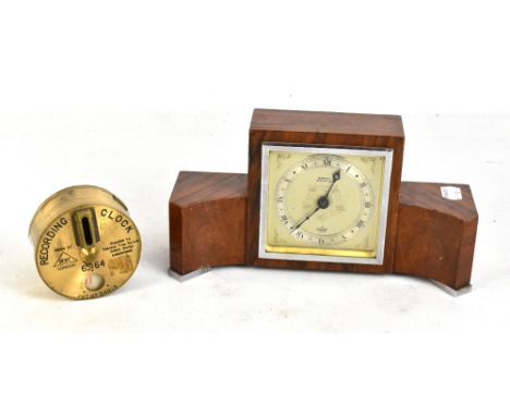 ELLIOTT; a burr walnut veneered mantel clock, the square face with silvered circular dial set with Roman numerals, height 13c