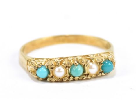 A 9ct yellow gold five stone turquoise and cultured pearl ring, size Q, approx 2.3g.Additional InformationPostage would be an