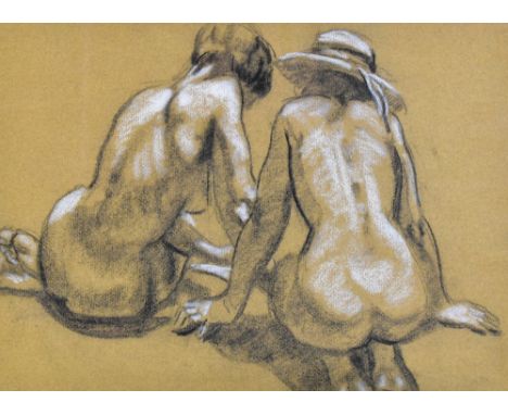 JACK HARTERT (1922-1975); chalk and charcoal sketch, 'Two Girls Reading', artist's identification and title to label verso wi