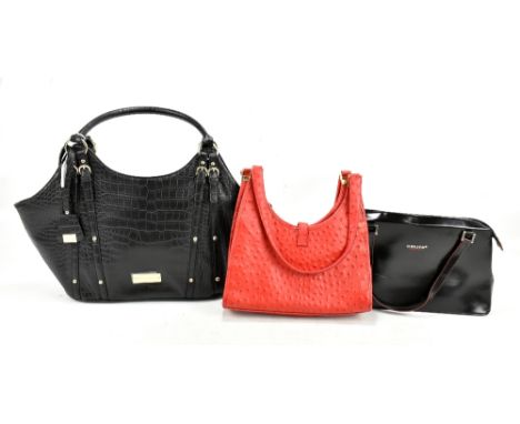 VIYELLA; a red leather ostrich skin handbag with gold metal hardware, 28 x 17 x 5cm, a Paris Hilton crocodile embossed black 