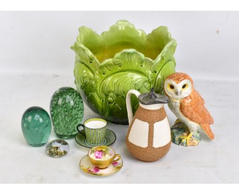 BRETBY; a green glazed floral moulded jardinière, 24 x 29cm (af), a Beswick owl model number 1046, a floral painted and gilt 