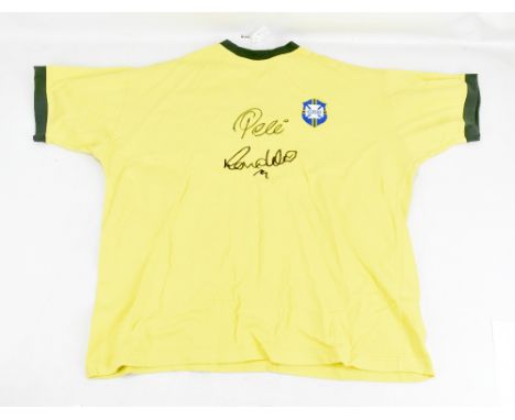BRAZIL; a cotton replica 1970 home shirt signed by Pelé and Ronaldo, produced by Toffs, stated size XXL.Additional Informatio