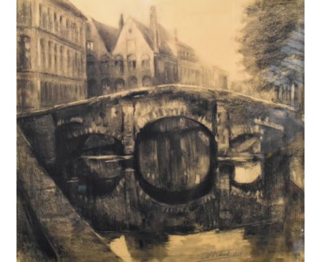 UNATTRIBUTED; charcoal sketch, Bruges, indistinctly signed and dated 1948 lower right, 62 x 71.5cm, framed and glazed.