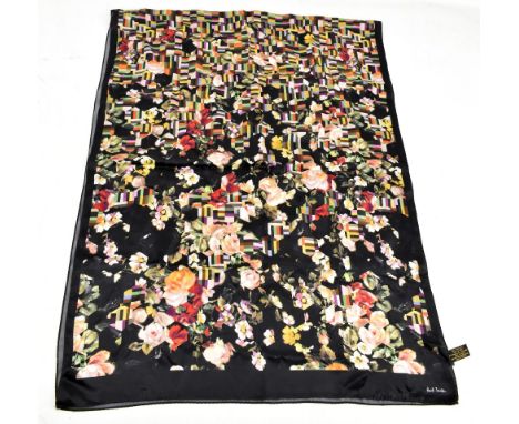 PAUL SMITH; 100% silk long black and floral print scarf with signature, 172 x 60cm.