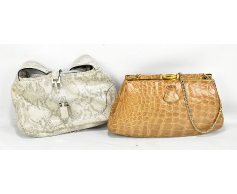 ELEGANCE OF PARIS; a cream and silver snakeskin vintage handbag with silver-tone chain handle and hardware, 28 x 15 x 3cm and