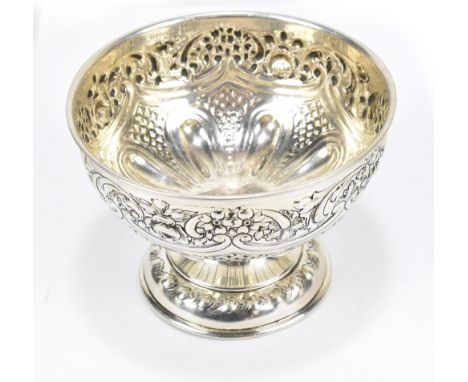 ALEXANDER CLARK MANUFACTURING CO; an Edward VII hallmarked silver pedestal rose bowl, repousse decorated with roses and swags