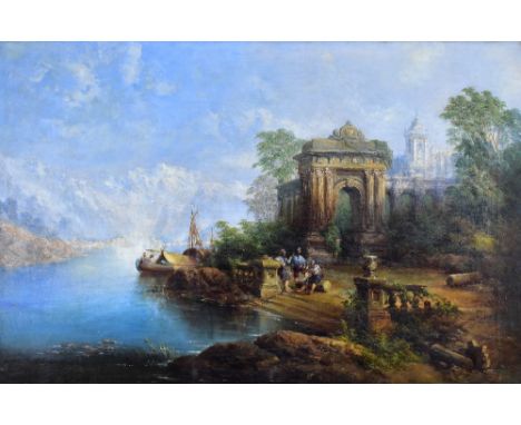 CIRCLE OF HENRY PAGE (19TH CENTURY); oil on canvas, Italian lake scene with figures and boats beside ancient ruined buildings