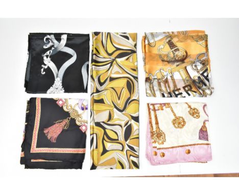 A pink and cream Les Cles silk scarf, 85 x 85cm, a navy blue, pink, cream and gold silk scarf with equestrian theme, 85 x 85c