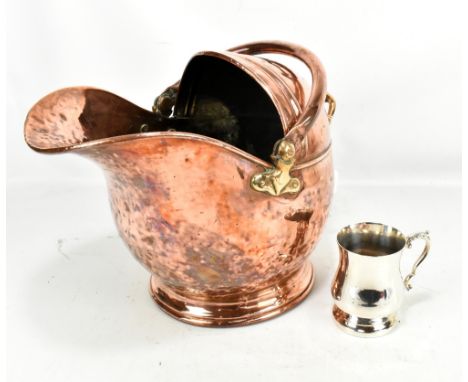 A Victorian copper coal scuttle and a silver plated mug (2).