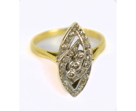 Yellow metal and diamond navette shaped open work ring, hallmark obscured ring size is N, approx 4.1g.