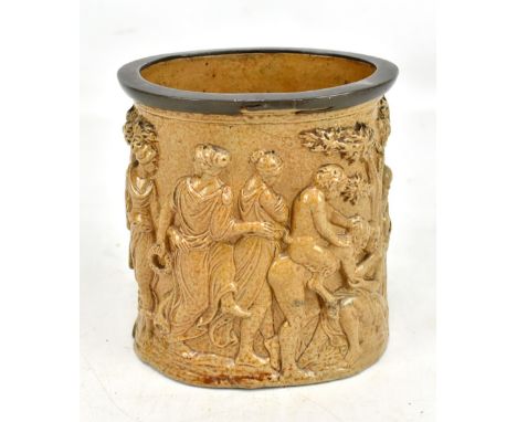 An early 19th century salt glazed cylindrical pot decorated with a Bacchanalian orgy and with base metal upper mount, impress