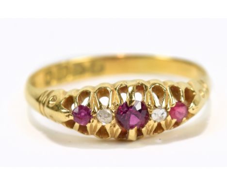 An 18ct yellow gold pink sapphire and diamond ring, hallmarked for Chester 1917, size N 1/2, approx 2.1g.Additional Informati