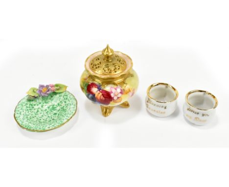 KITTY BLAKE FOR ROYAL WORCESTER; a hand painted pot pourri and cover, painted with fruits and flowers, signed to rim and puce