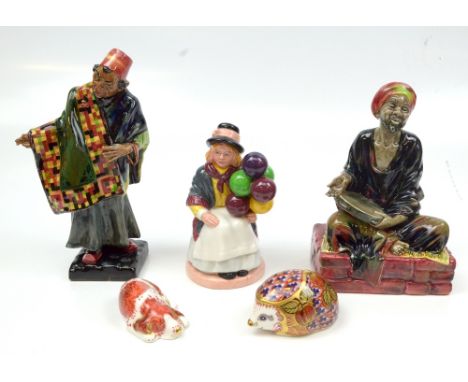 ROYAL DOULTON; three figures comprising HN1365 'Merchant', HN1464 'The Carpet Seller', and HN2818 'Balloon Girl', also two Ro