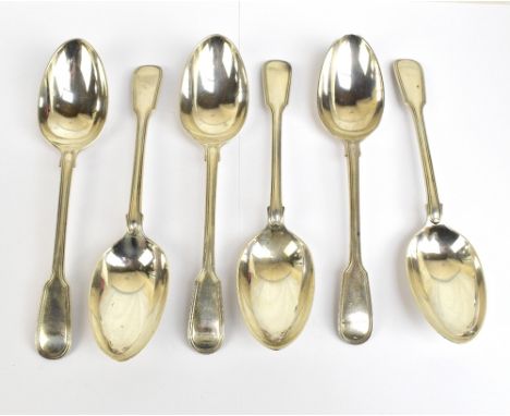 FRANCIS HIGGINS; a set of six Edwardian hallmarked silver Fiddle and Thread pattern dessert spoons, London 1906, length 20cm,
