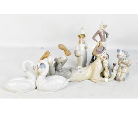 LLADRO; six figurines,&nbsp;to include&nbsp;a lying figure with ball, 'Endless Love', Pierrette, etc, in original boxes.Addit