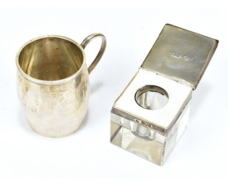 THOMAS BRADBURY &amp; SON; a George V hallmarked silver barrel form mug, Sheffield 1919, approx weight 2.9ozt/90g, together w