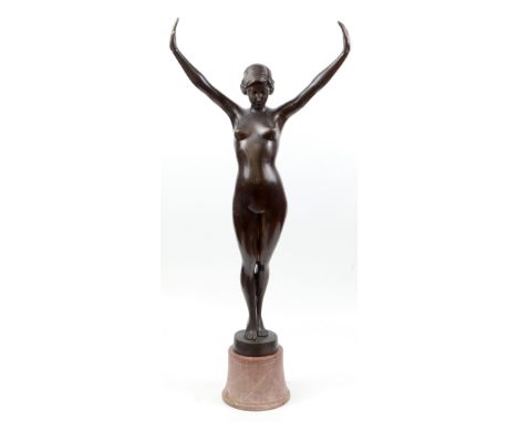 A contemporary bronzed metal Art Deco-style figure modelled as a nude lady, impressed signature 'J. Prince' to base, on turne