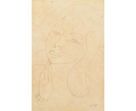 EDWARD WOLFE RA (1897-1982); ink sketch, 'Drawing a Young Girl', signed lower right, with paper label for Vincent &amp; Louis