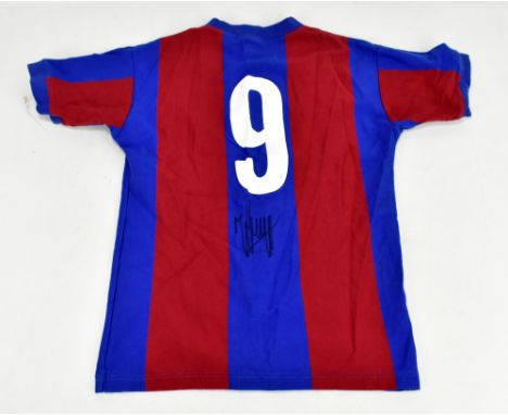 JOHANN CRUYFF; a signed cotton replica FC Barcelona home shirt, numbered 9 to reverse, by Toffs, stated size S.Additional Inf
