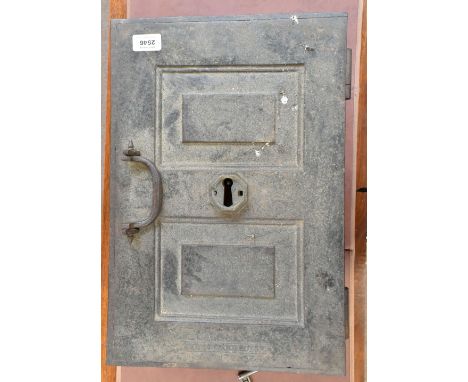 A George III Coalbrookdale cast iron box safe, with three carrying handles and complete with key, approx 36 x 30 x 30cm, excl
