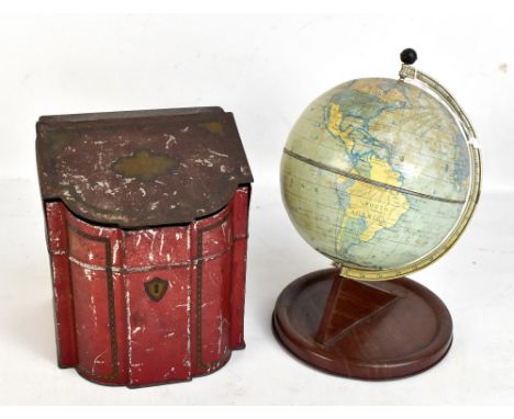 A Williams Chocolates and Toffees tin in the form of a Georgian knife box, height 21cm, and a Chad Valley globe (2).