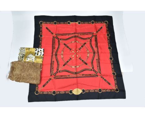 RALPH LAUREN; a black and red silk square scarf in equestrian print, 89 x 89cm, a Ralph Lauren animal print long scarf, 140 x
