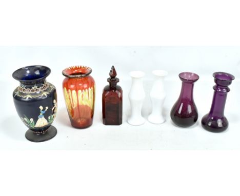A small group of decorative glass including an agate glass decanter and stopper, applied glass vase, pair of milk glass vases