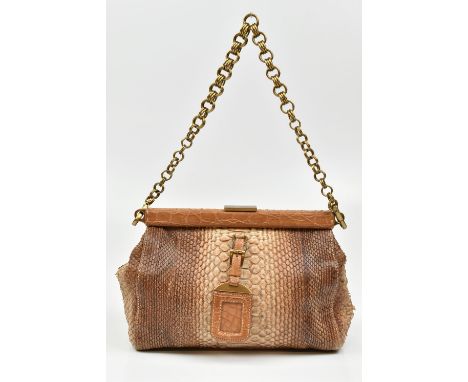 PRADA; a beige and silver snake skin leather bag with gold-tone chain handle, silver Prada logo plaque and leather luggage la