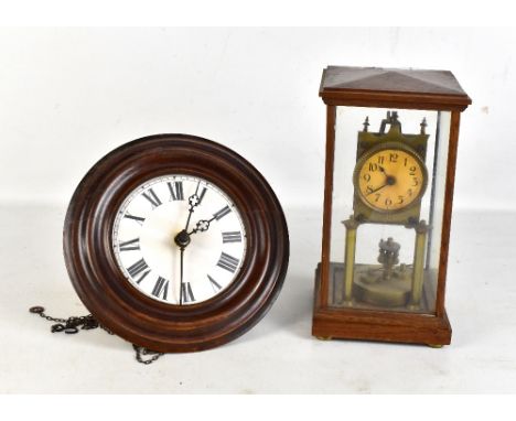 An oak cased electric mantel clock, the circular face set with Arabic numerals, height 28cm, together with a modern GPO wall 