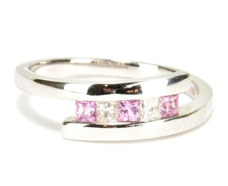 An 18ct white gold pink sapphire and diamond five stone ring, size N, approx 3.6g.