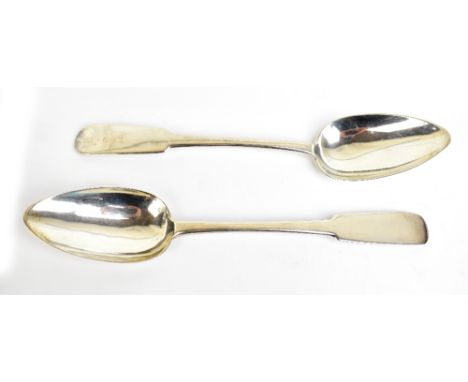 ROBERT KEAY (I or II) OF PERTH; a pair of early to mid-19th century Scottish provincial silver Fiddle pattern tablespoons, re