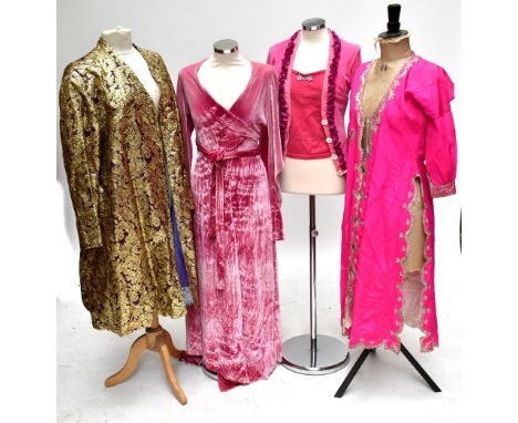 A gold lamé and purple long coat, a pink silk embroidered Indian coat, a Voyage pink rose cardigan with purple flowers, size 