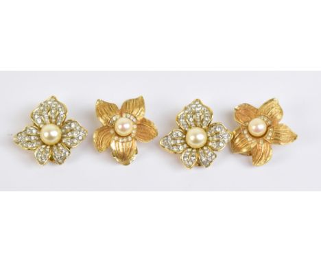 CHRISTIAN DIOR; a pair of floral gold plated earrings, signed to back, and a pair of A&amp;S diamante floral earrings (2).Add