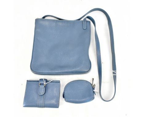 LONGCHAMP; a blue leather cross body shoulder bag, 23 x 24cm, a matching blue leather wallet with silver-tone hardware, 12 x 