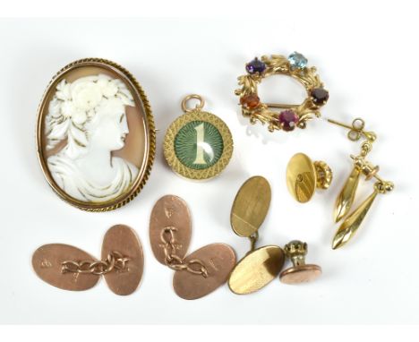 A small mixed group of jewellery including a pair of 9ct yellow gold engine turned cuff links, approx 6.2g, a yellow metal fr