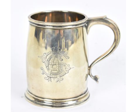 A George V hallmarked silver barrel shaped christening cup with engraved initials, Sheffield 1917, height 9cm, approx 7ozt/21