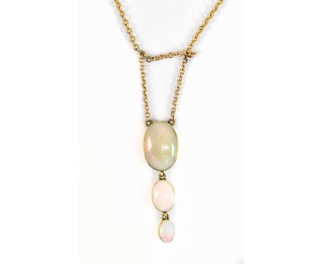 A 9ct yellow gold graduated three stone opal necklace, length 41cm, approx 4.8g.