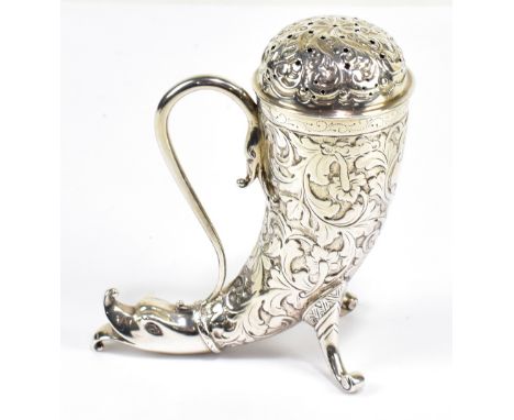 A Victorian hallmarked silver sugar caster in the form of a horn, with scrolling handle, engraved crest and profuse leaf deco