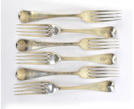 GEORGE ADAMS (CHAWNER &amp; CO); a set of six Victorian hallmarked silver table forks, London 1882, length 20cm, approx 16.4o