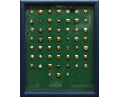 A framed and glazed display of fifty-two yeomanry buttons featuring various regiments including Shropshire Yeomanry, Yorkshir